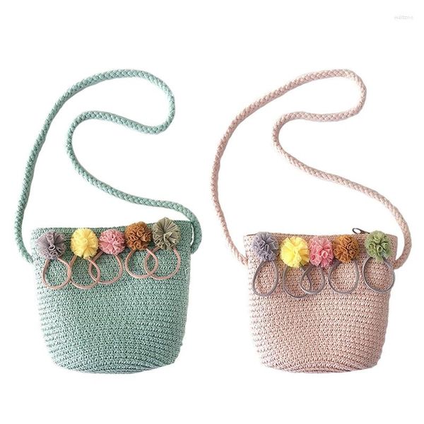 Sacs à Provisions 2Pcs Filles Sac à Bandoulière Paille Rotin Armure Bandoulière Pour Bébé - Rose Vert