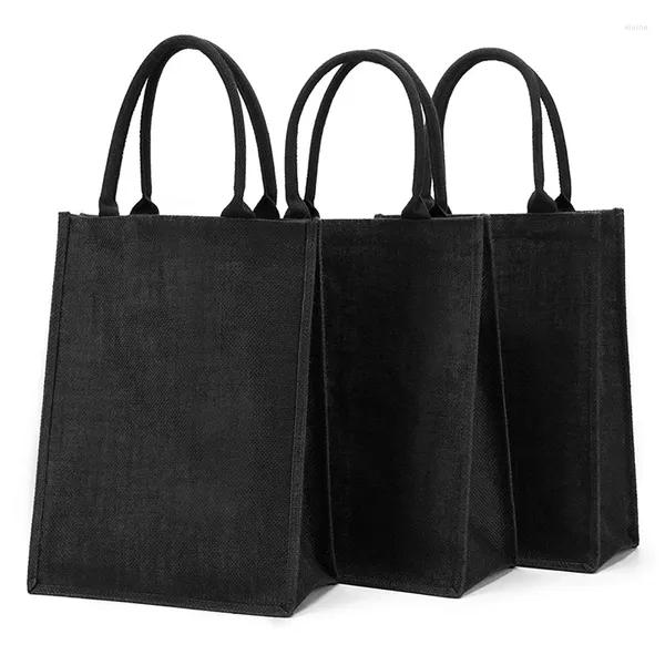 Sacs à provisions 3 PC Jute Tote Burlap doublé avec des poignées Sac d'épicerie réutilisable pour les femmes noires simples