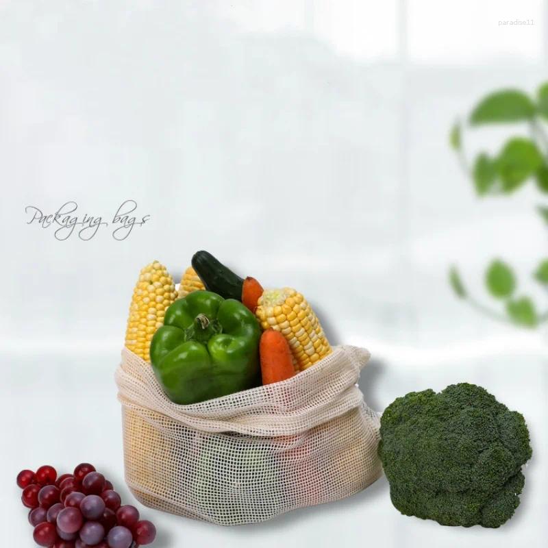 Sacs à provisions 3pcs / lot Sac en mailles en coton avec cordon de cordon et épaisses fruits de légumes de supermarché Rangement portable