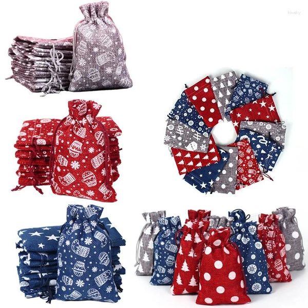 Sacs de courses en tissu coton rouge/bleu/gris, 50 pièces/lot, 10x14cm, pochettes de noël, épicerie, cordon de serrage, cadeau, stockage de bonbons