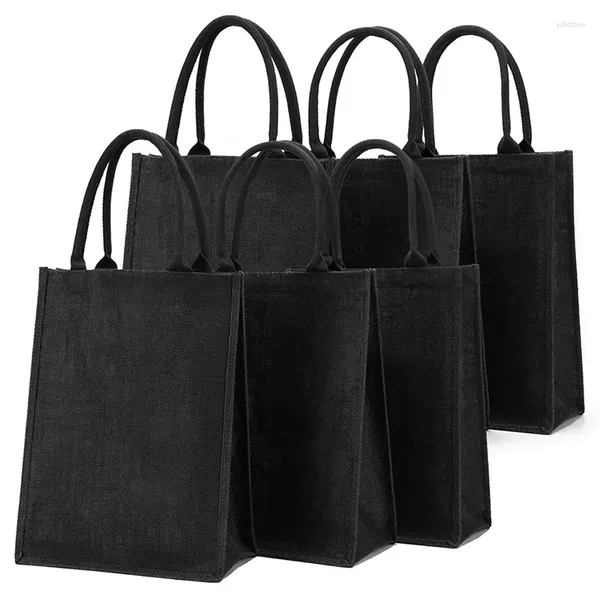 Bolsas de compras 6pcs yute de yute arpillera forrada con manijas bolsas de comestibles reutilizables para mujeres lisas negras