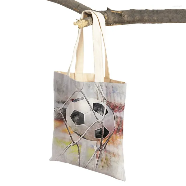 Bolsas de compras Fútbol abstracto Deportes Mujeres Casual Lienzo Jugadores Juegos de pelota Doble impresión Arte Shopper Bag Lady Tote Bolsos