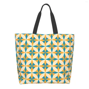 Boodschappentassen abstracte geometrische extra grote boodschappentas geel en blauw herbruikbare tote reisopslag