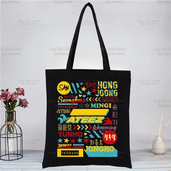 Bolsas de compras Ateez KPOP Fan Harajuku Canvas College de mujeres Ulzzang Corea Black Gran capacidad Casual Fashion Hope