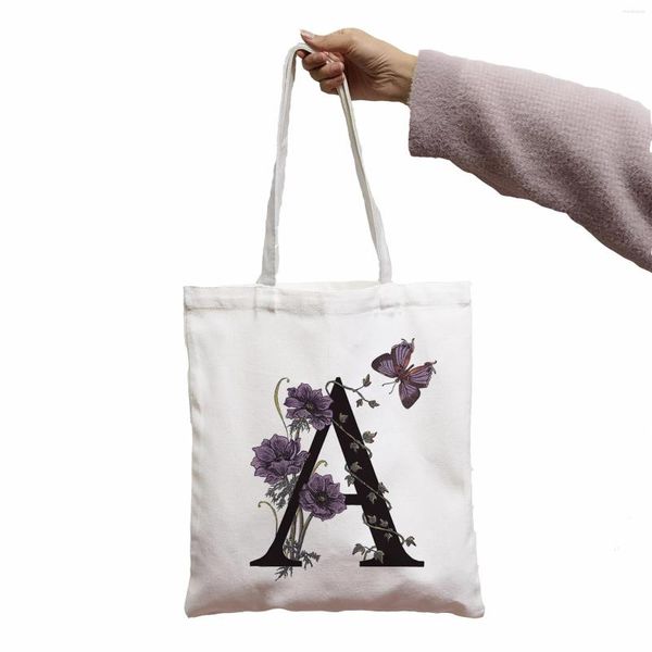 Bolsas de compras Bolsa Flor de 26 letras Kawaii Impresión Lienzo Cool Shopper Negro Blanco Mujer Moda Hombro Tote