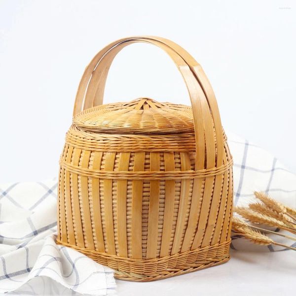 Bolsas de compras Cesta de bambú Cestas pastorales retro redondas tejidas a mano que contienen huevos Artesanías