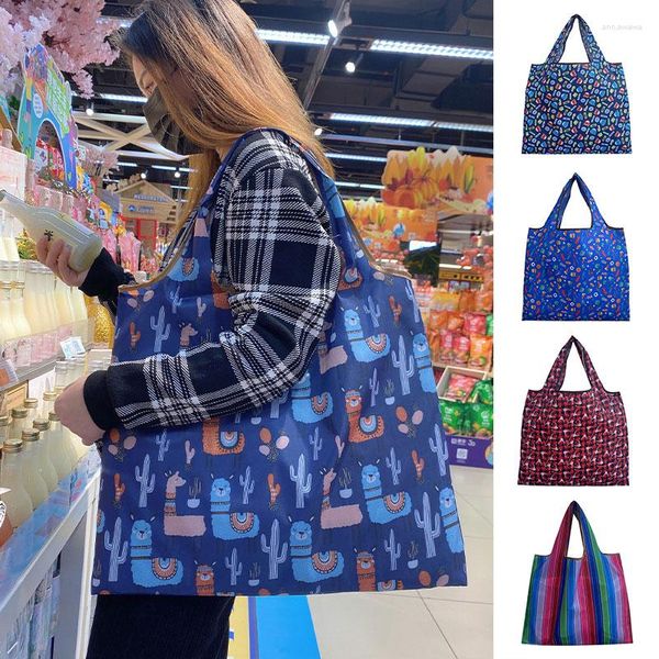 Bolsas de compras GRANDE Ecológico Bolsa plegable Reutilizable Portátil Supermercado Bolso Almacenamiento Impreso Engrosado Comestibles Bolsillo Tote