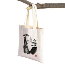 Boodschappentassen Zwart-wit Inkt Muur Foto's Chinees Landschap Vrouwen Herbruikbare Dubbele Print Casual Canvas Shopper Tas Tote