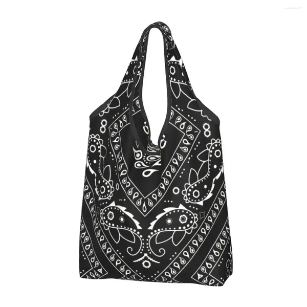 Bolsas de compras Patrón de pañuelo negro Bolso de comestibles Moda Mujer Paisley Estilo Shopper Hombro Bolso de gran capacidad