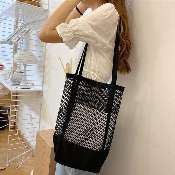 Bolsos de compras Bolso de lona negro Mujer Gran solo hombro Malla portátil Hueco Playa Blanco Venta al por mayor