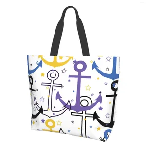 Sacs à provisions Ancres nautiques bleues Noir Blanc Étoiles multicolores Célébration Sac fourre-tout en toile pour femmes Week-end Cuisine Épicerie réutilisable