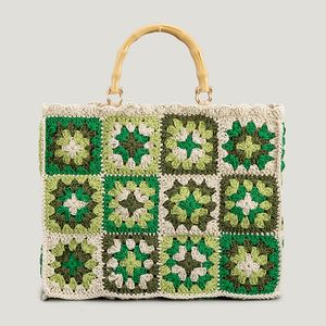 Bolsos de compras Bohemio Gran bolso de mano de ganchillo Vintage Mango de bambú Mujeres Handbgs Granny Square Bolsos de mano de punto Trend Big Lady Shopper Purse 230426