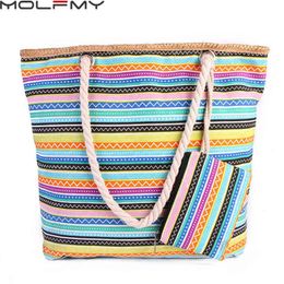 Shopping Tassen Bolso de Mano Lona Para Mujer Conjunto 2 Piezas A Rayas Colores Hombro Gran Capacidad Estilo Bohemio Informal 220303