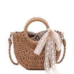 Boodschappentassen bolso de paja verano para mujer Bandolera hombro ratn tejido con cordn bohemio punto lazo pequeo 220303