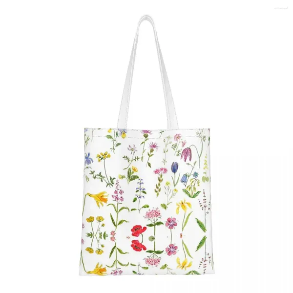 Bolsas de compras Botánico Colorido Campo Flores silvestres Acuarela Lienzo Bolso de hombro Flor femenina Tote de gran capacidad