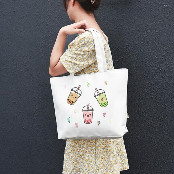 Bolsas de compras Bubble Tea Cute Cartoon Fashion Kawaii Patrón Bolsa reutilizable Bolso Casual Tophandle grande para mujeres