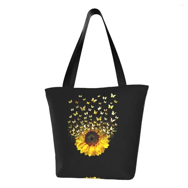 Bolsas de compras Mariposa Girasol Volando Regalo Comestibles Impresión Lienzo Shopper Bolso grande de hombro Bolso de flores de gran capacidad