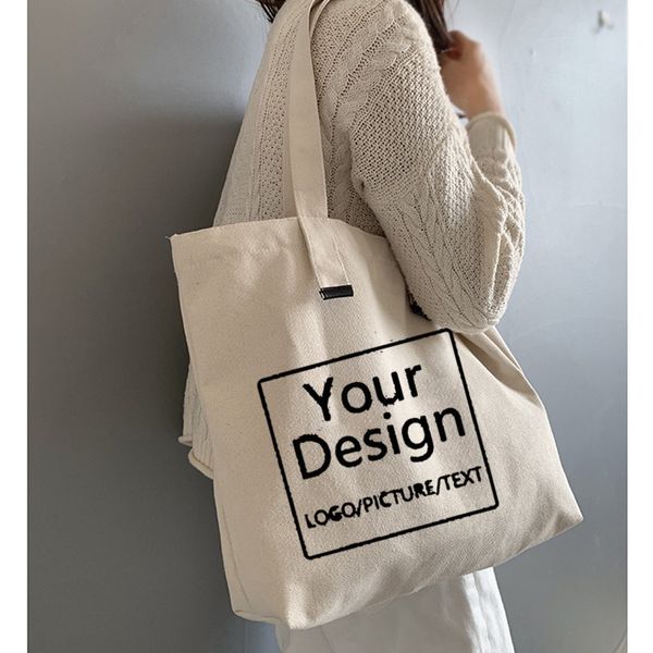 Bolsas de compras Bolsa de lona Bolsa de asas personalizada Compras Agregue su texto Carta Imagen Diseño de impresión Blanco Unisex Bolso de viaje Bolsos de hombro 230909