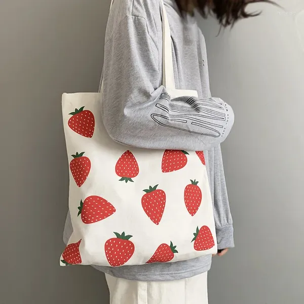 Sacs de courses en toile, fourre-tout, grand sac à bandoulière imprimé fraise écologique pour femmes, sacs à main pliables pour étudiantes