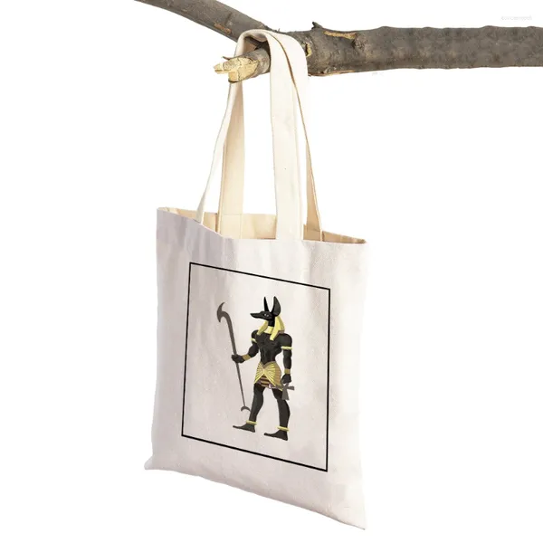 Sacs à provisions dessin animé Ancient Egypt Totem Pharaon Femmes Canvas Eco Fashion Anubis Lady Shopper Bag Supermarket Tote Handsbag