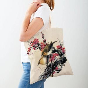 Bolsas de compras con estampado de animales de dibujos animados para mujer, bolso informal con tinta china, pájaro, comprador de ambos lados, bolso de mano de lona reutilizable
