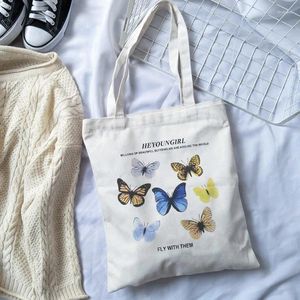 Sacs à provisions dessin animé Butterfly Girl Sweet Korean Ulzzang Haajuku Toile de grande capacité Art Sac à bandoulière pour femmes