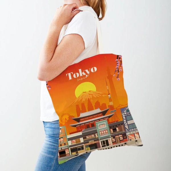 Bolsas de compras Ciudad de dibujos animados Viaje Paisaje Arte Shopper Tote Lady Bolso Doble Impresión España Singapur Casual Lienzo Mujer Bolsa