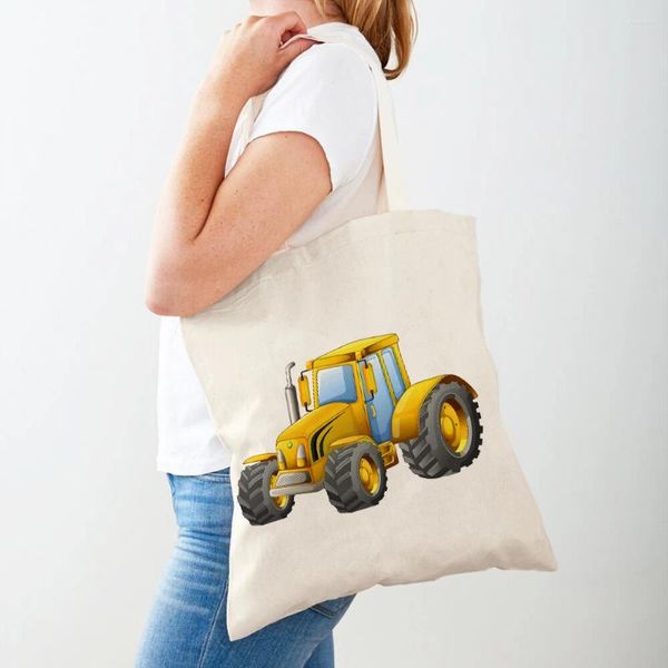 Sacs à provisions Sac en toile décontracté pour étudiant enfant Shopper pelle Bulldozer fourre-tout sac à main réutilisable des deux côtés impression voiture de dessin animé