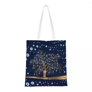 Bolsas de compras Charm Tree Gold en azul oscuro Comestibles Impresión Lienzo Shopper Tote Bolso de hombro Portátil Nazar Evil Eye Bolso