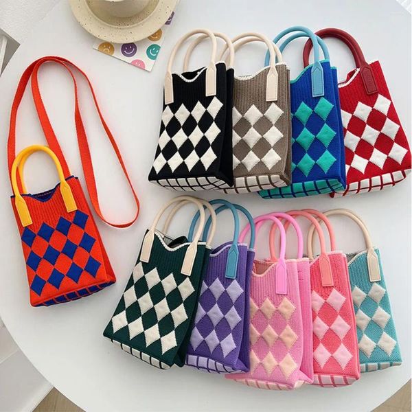 Bolsas de compras Patrón de rombo a cuadros Bolso de punto versátil Color de contraste Mini bolso cruzado lindo Teléfono móvil