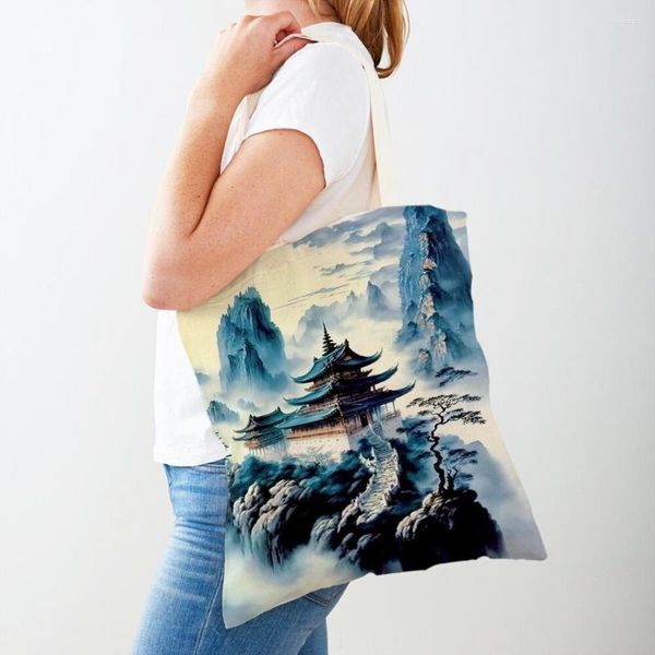 Sacs à provisions peinture chinoise forêt femmes décontracté toile sac à main Double impression décor beau paysage Shopper sac dame fourre-tout