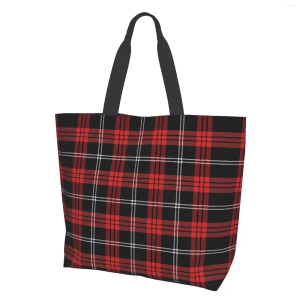 Bolsas de compras Navidad y año Tartán Cuadros Bolsa de comestibles extra grande Negro Rojo Blanco Cuadros Tote reutilizable