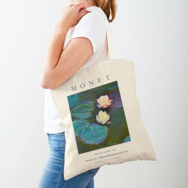 Bolsas de compras Claude Monet Lirios de agua Jardín Irises Lady Bag Ambos lados Geométricos Mujeres Shopper Casual Tote Bolso
