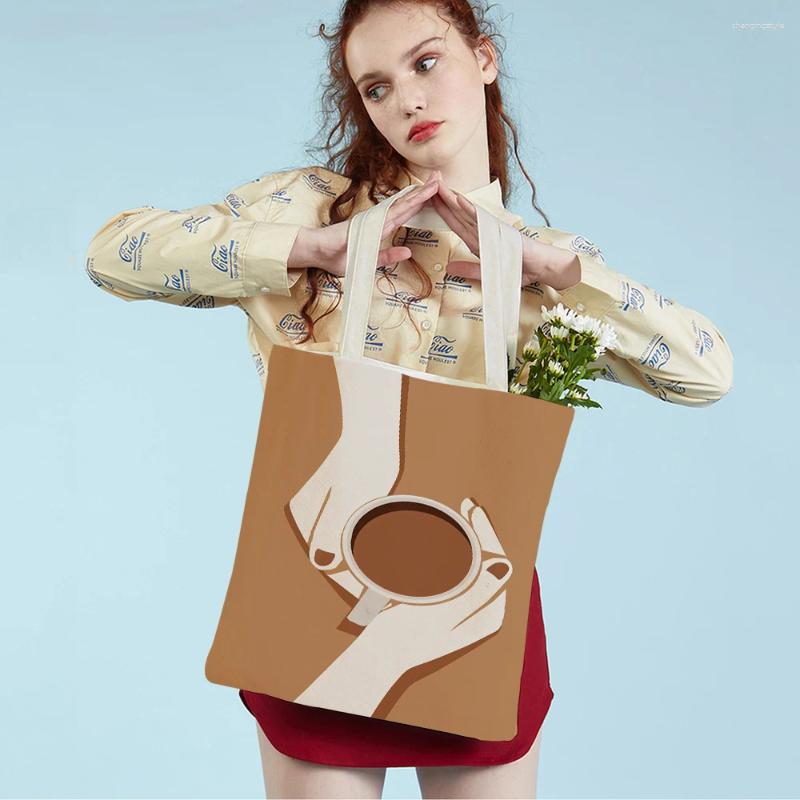 Shopping Bags Coffee Espresso Americano Mocha Supermarket Shopper Bag Tote Handbag Fashion Cartoon Lady Reusable Women