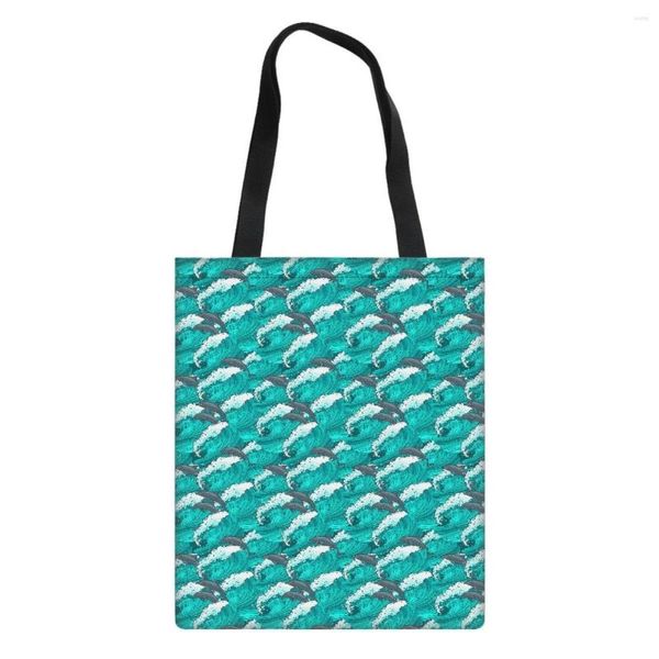 Sacs à provisions Coloranimal dauphin vague océan dames mignon mode toile sac lin confortable écologique femme étudiant sac à main