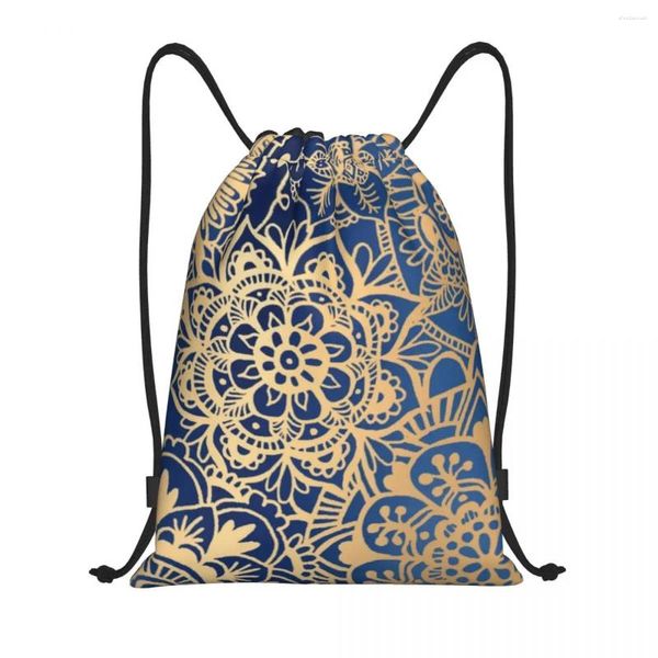 Bolsas de compras Custom Blue Gold Mandala Mochila con cordón Mujeres Hombres Ligero Budismo Flor Gimnasio Deportes Sackpack Sacos para Yoga