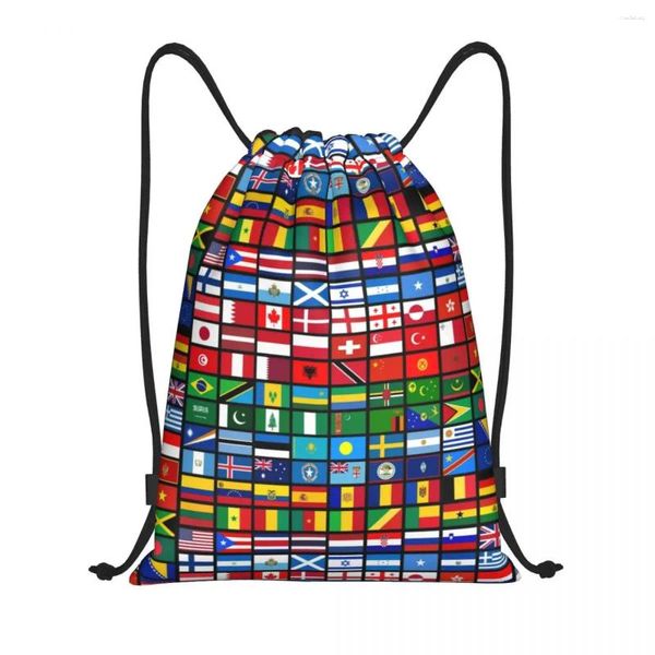 Bolsas de compras personalizadas Más de 90 banderas de los países Bolsa de cordón mundial Hombres Mujeres Mochila de almacenamiento de gimnasio deportivo ligero