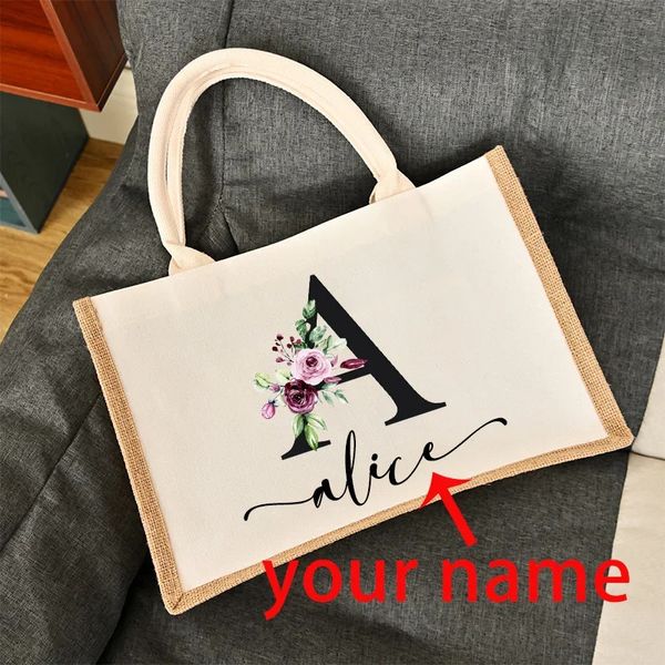 Bolsas de compras Nombre personalizado Bolsas de ardilla de arpillera Persona de dama de honor personalizada Bachelorette Fiesta de novia Girls Trip Regals Canvas Jute Tote Shopper Bolsas 231218