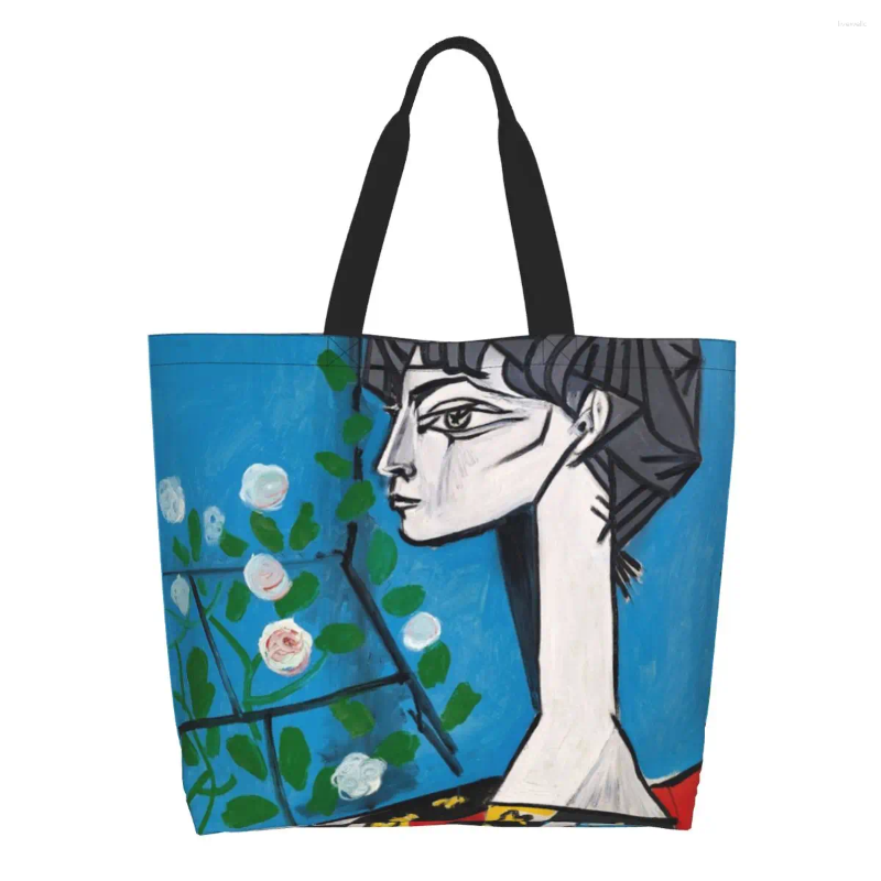 Shoppingväskor anpassade Pablo Picasso Canvas Kvinnor som återvinner stor kapacitet livsmedelsbutiker jacqueline med blommor tote shopper