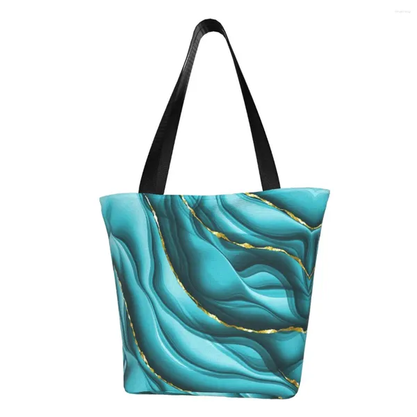 Bolsas de compras personalizadas, bolsa de lona con tinta abstracta de color verde azulado y dorado, bolsa de compras duradera con textura de mármol y piedra geométrica