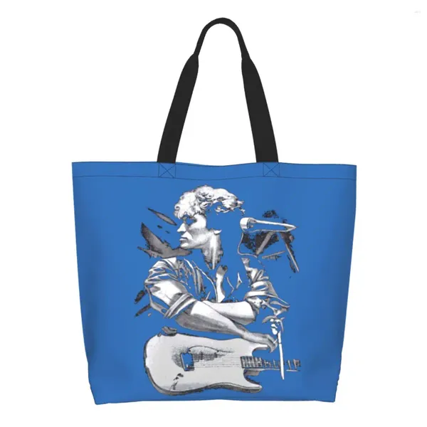 Bolsas de compras Custom Viktor Tsoi Guitar Canvas Mujeres Lavable Gran Capacidad Comestibles Ruso Rock Kino Shopper Tote