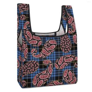 Sacs de courses personnalisés imprimés pliables, sac à main à Double sangle, fourre-tout imprimé à carreaux bleus, fourre-tout décontracté pour femmes, épicerie, motif personnalisé