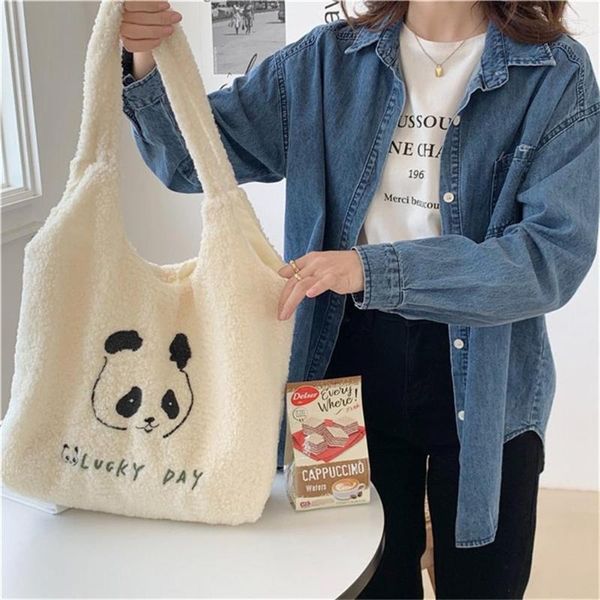 Bolsos de compras, bolso de mano de bambú con dibujo de Panda bonito para mujer, bolsos bordados de gran capacidad de algodón de felpa suave para mujer