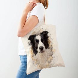 Sacs à provisions mignon dessin animé animal de compagnie chien femmes toile fourre-tout sac à main écologique réutilisable des deux côtés aquarelle animal dame épaule shopper sac