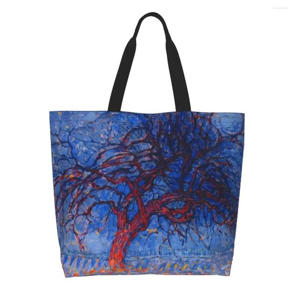 Bolsas de compras Lindo impreso Tarde Árbol rojo Tote Reciclaje Lienzo Shopper Hombro Piet Mondrian Arte abstracto Bolso