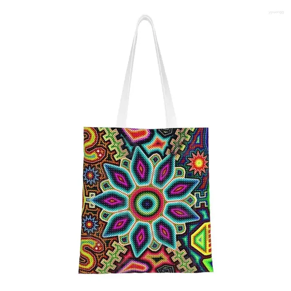 Bolsas de compras Lindo impreso Huichol Plaid México Arte Tote Reciclaje Lienzo Shopper Bolso de hombro