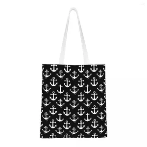 Sacs à provisions mignon impression noir et blanc motif d'ancre nautique sac fourre-tout réutilisable toile shopper épaule voile marin sac à main