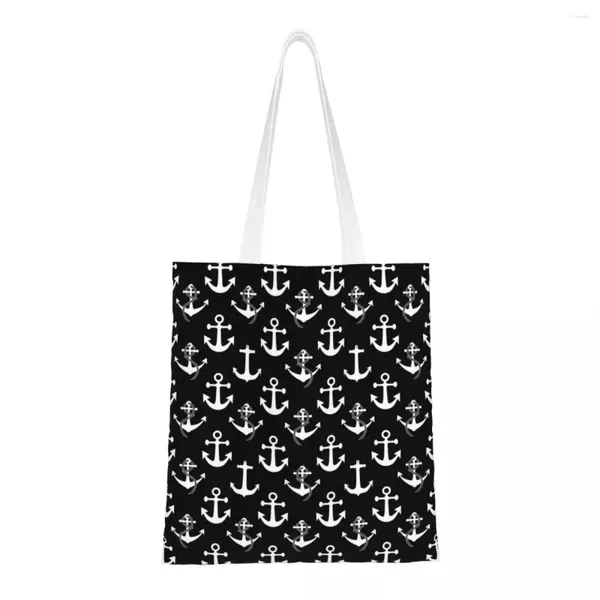 Bolsas de compras Impresión linda Patrón de ancla náutica en blanco y negro Bolsa de asas Reutilizable Lona Shopper Hombro Vela Marinero Bolso