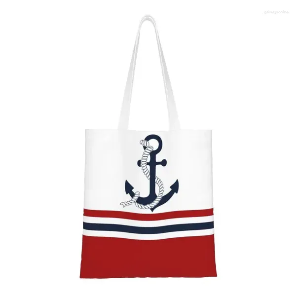 Sacs à provisions mignon impression ancres bleues nautiques avec rayures fourre-tout réutilisable toile Shopper épaule voile marin sac à main