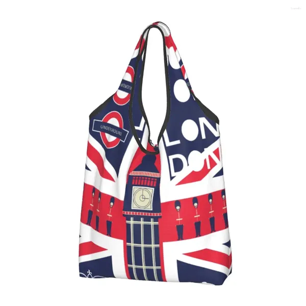 Bolsas de compras Linda bandera británica vintage con símbolo de Londres Tote Portátil Union Jack Comestibles Shopper Bolso de hombro